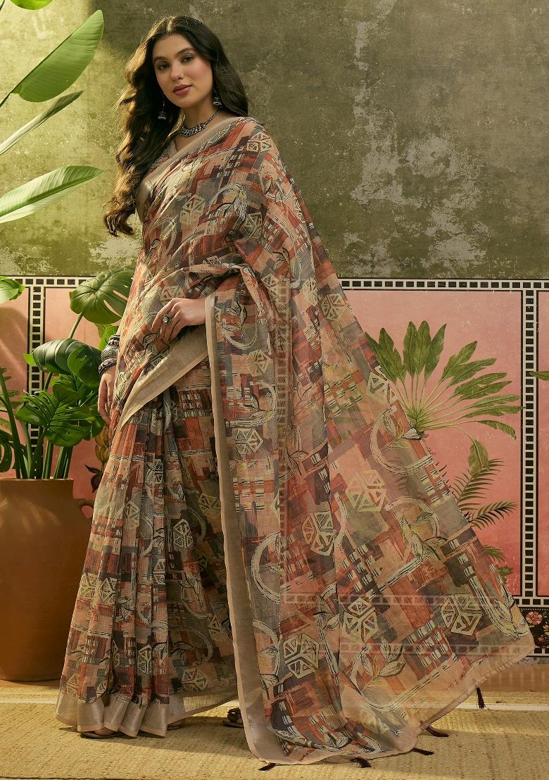 Multicolor Printed Cotton Saree Set - Indya