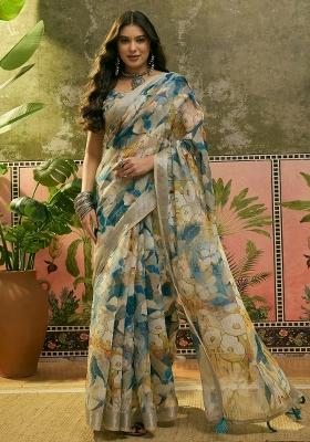 Blue Printed Cotton Saree Set