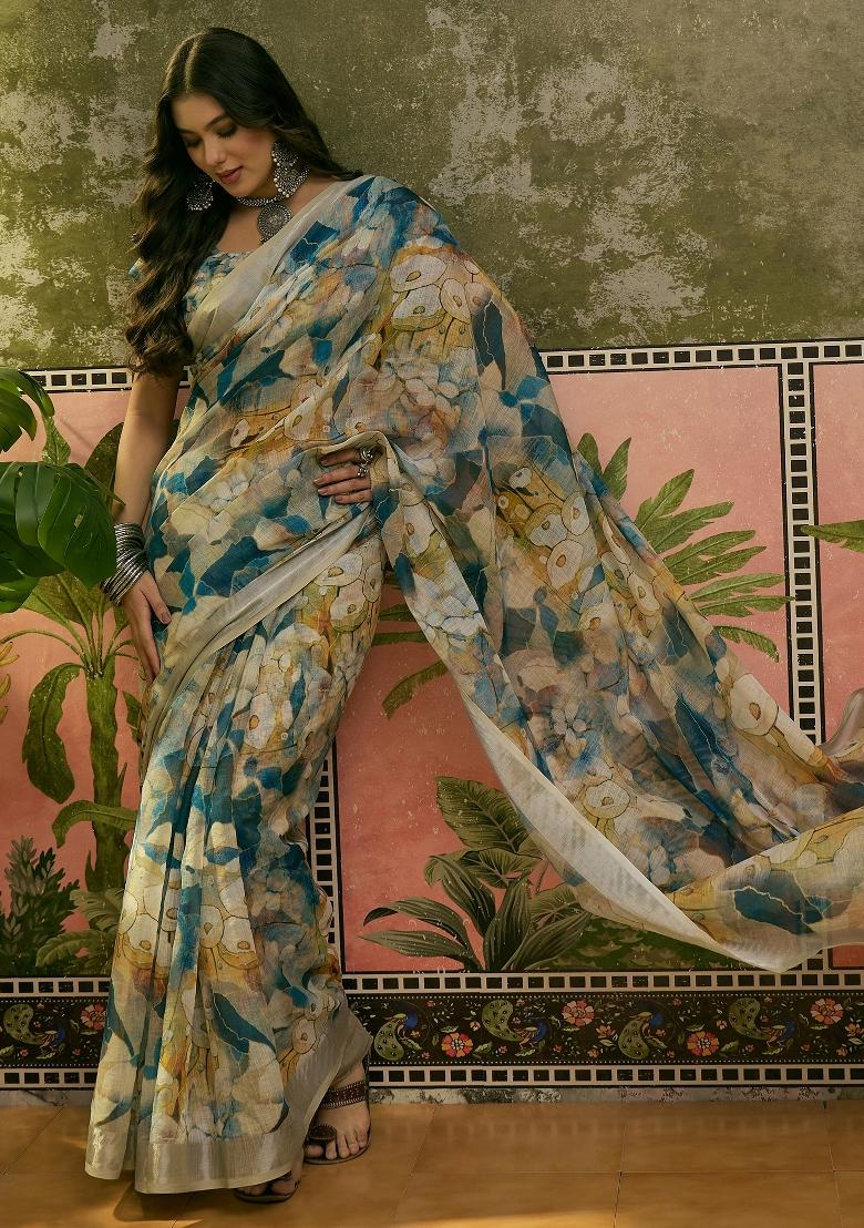 Blue Printed Cotton Saree Set - Indya