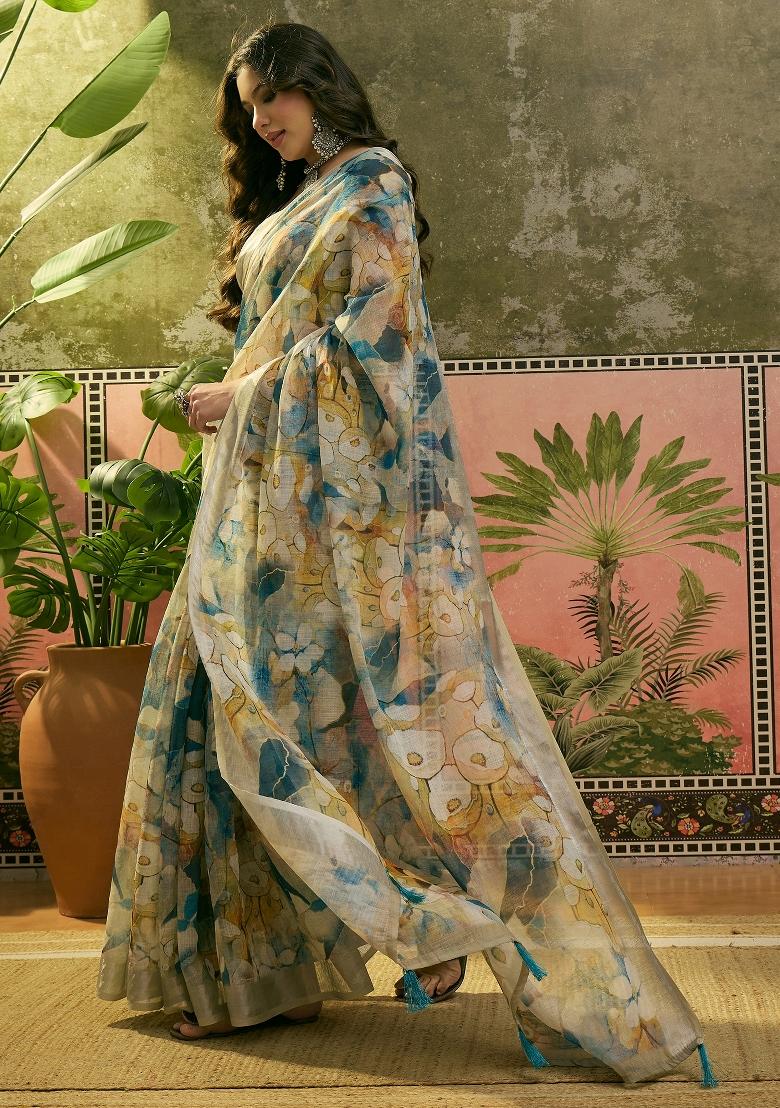Blue Printed Cotton Saree Set - Indya