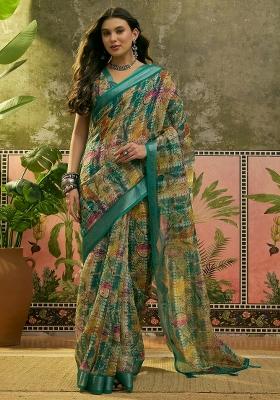 Green Printed Cotton Saree Set