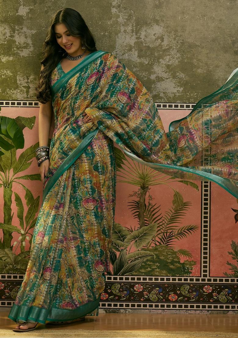 Green Printed Cotton Saree Set - Indya