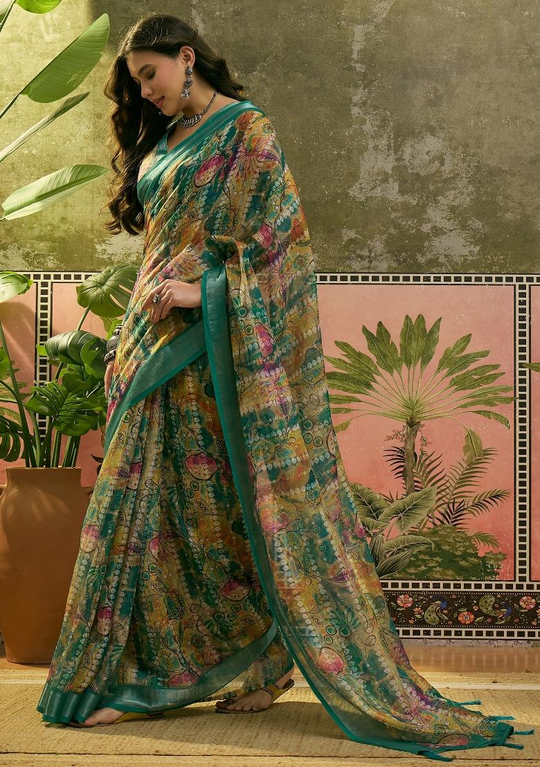 Green Printed Cotton Saree Set - Indya