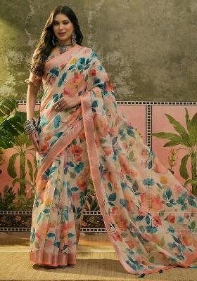 Peach Printed Cotton Saree Set