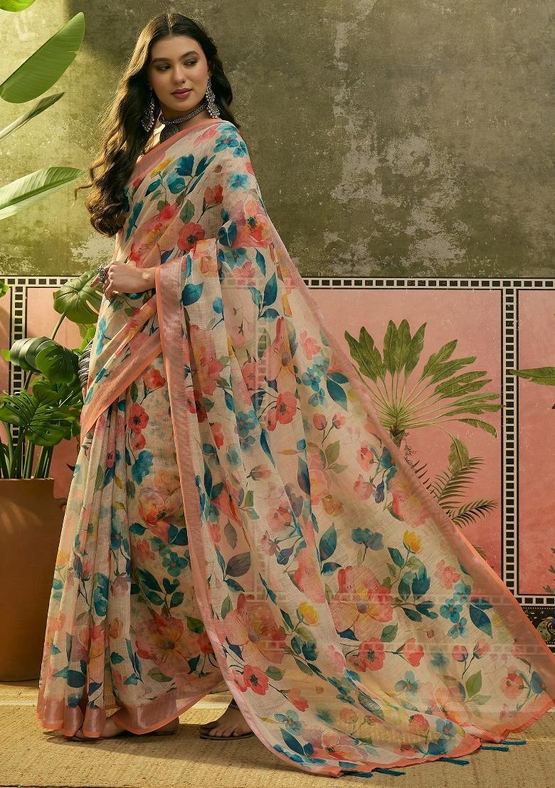 Peach Printed Cotton Saree Set - Indya