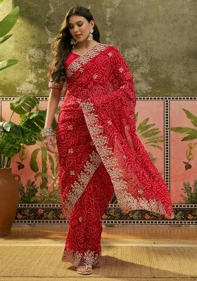 Red Printed Georgette Saree Set