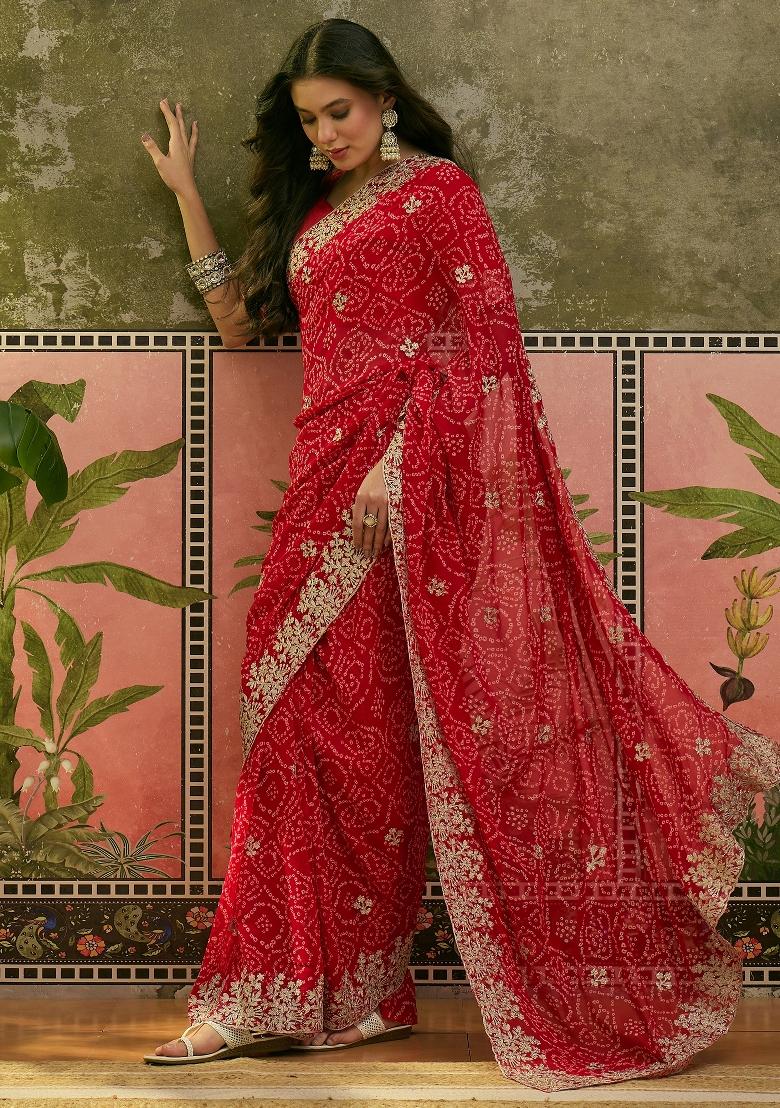 Red Printed Georgette Saree Set - Indya
