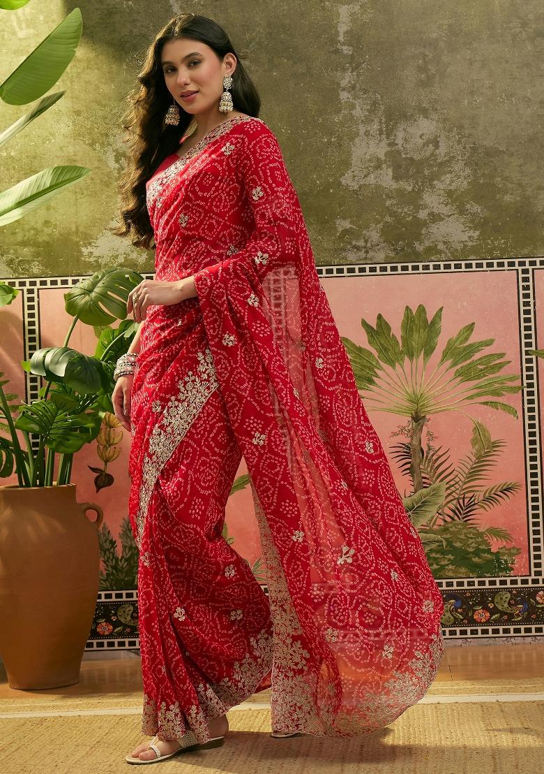 Red Printed Georgette Saree Set - Indya