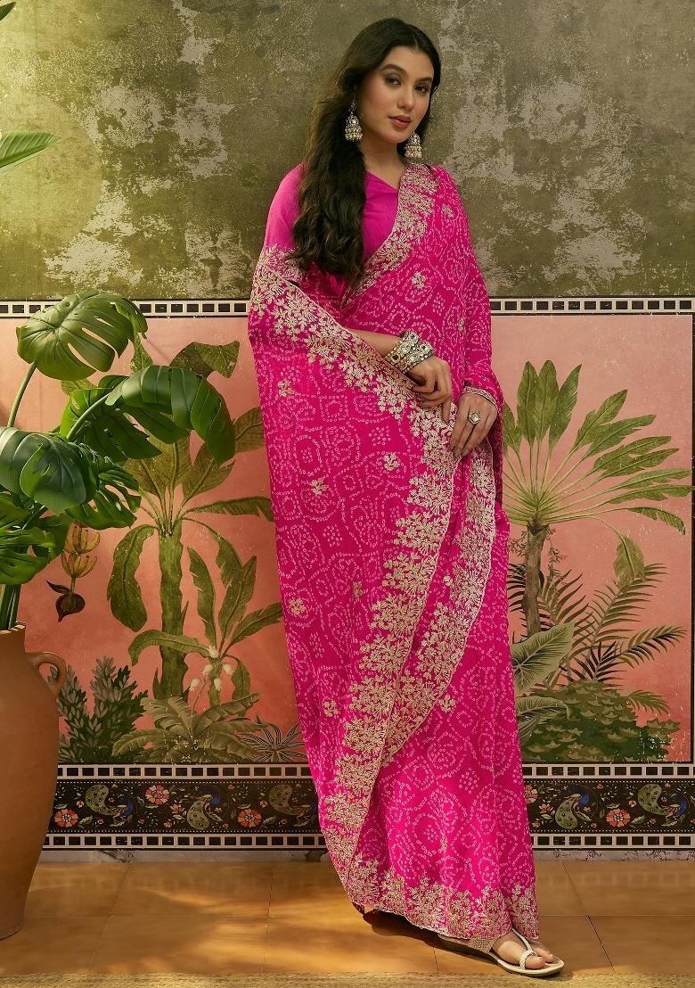 Pink Printed Georgette Saree Set - Indya