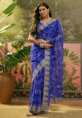Blue Printed Georgette Saree Set