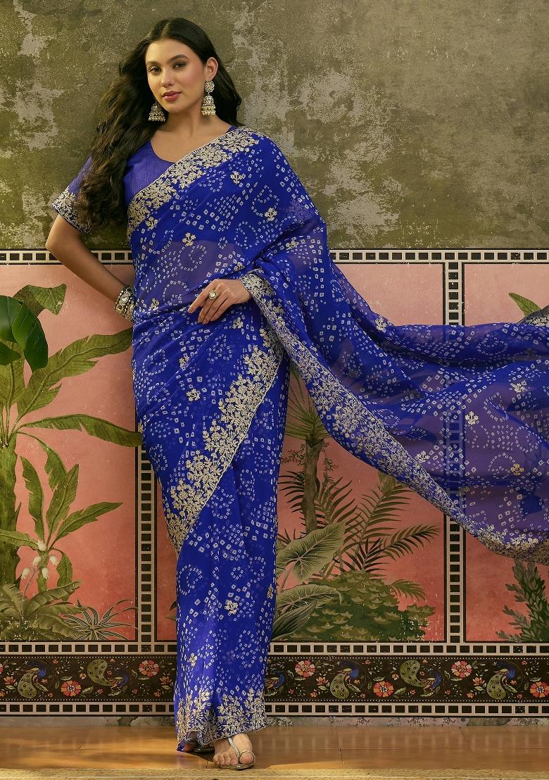 Blue Printed Georgette Saree Set - Indya