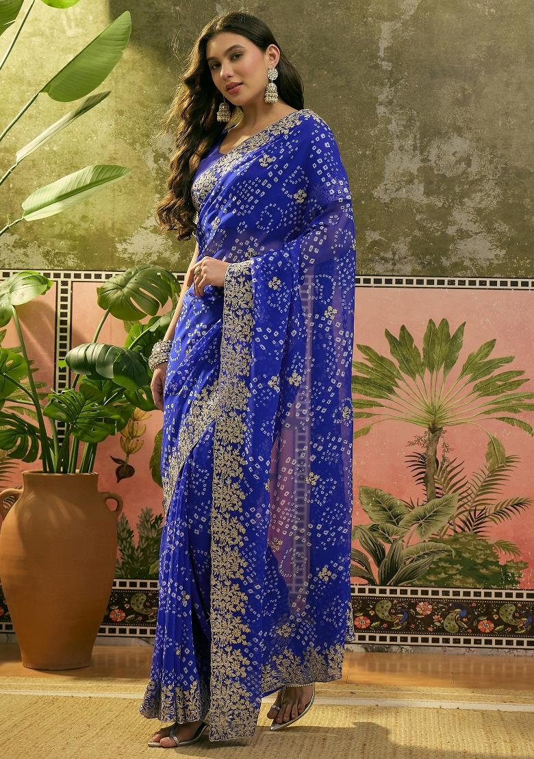 Blue Printed Georgette Saree Set - Indya