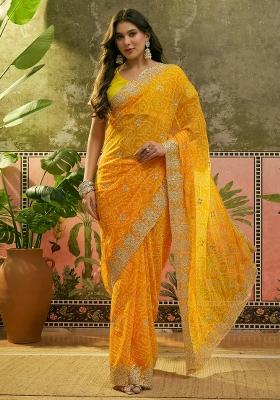 Yellow Printed Georgette Saree Set