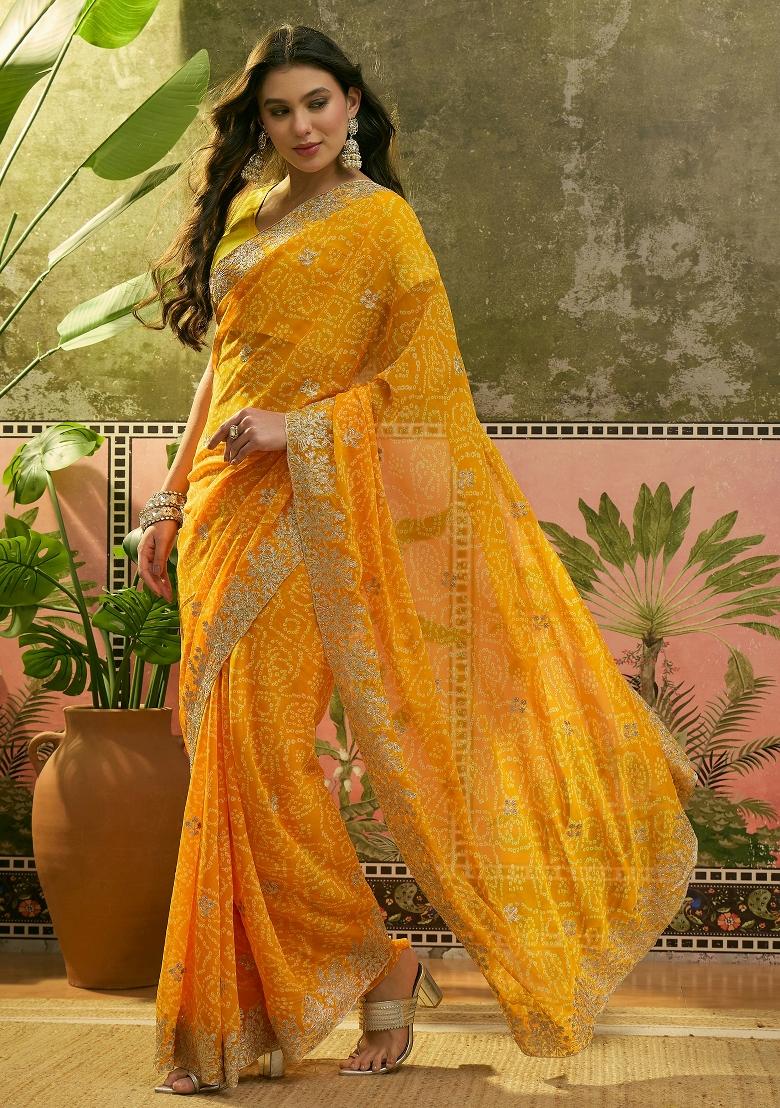 Yellow Printed Georgette Saree Set - Indya