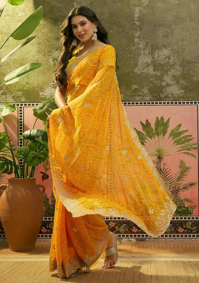 Yellow Printed Georgette Saree Set - Indya