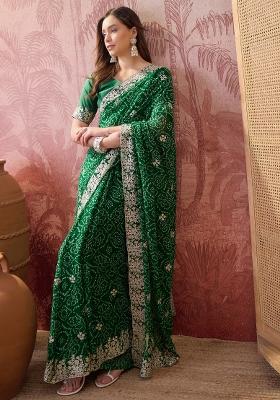 Green Printed Georgette Saree Set