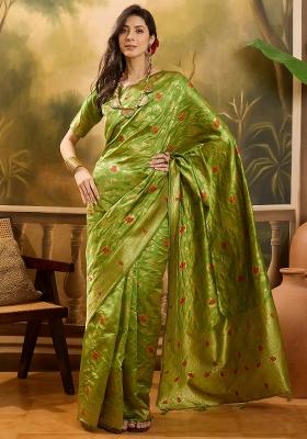 Lime Green Embellished Banarasi Saree Set
