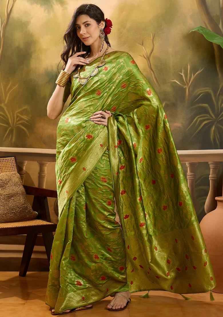 Lime Green Embellished Banarasi Saree Set - Indya