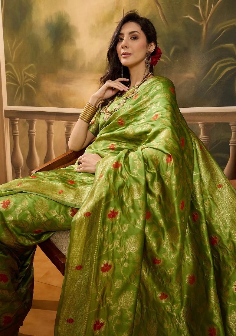 Lime Green Embellished Banarasi Saree Set - Indya