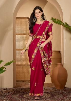 Wine Embroidered Georgette Saree Set