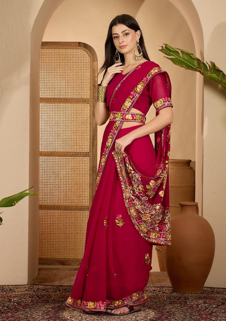Wine Embroidered Georgette Saree Set - Indya