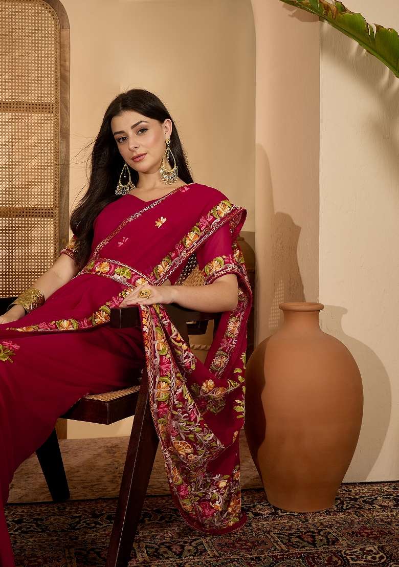 Wine Georgette Saree Set with Embroidered for Diwali | Wedding & Festive Wear - Indya