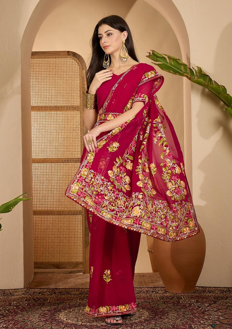 Wine Embroidered Georgette Saree Set - Indya
