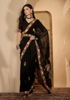 Black Embroidered Georgette Saree Set