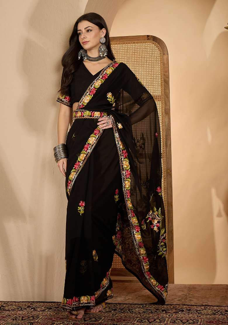Black Georgette Saree Set with Embroidered for Diwali | Wedding & Festive Wear - Indya