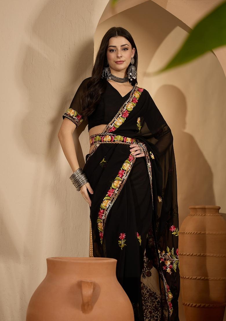 Black Embroidered Georgette Saree Set - Indya