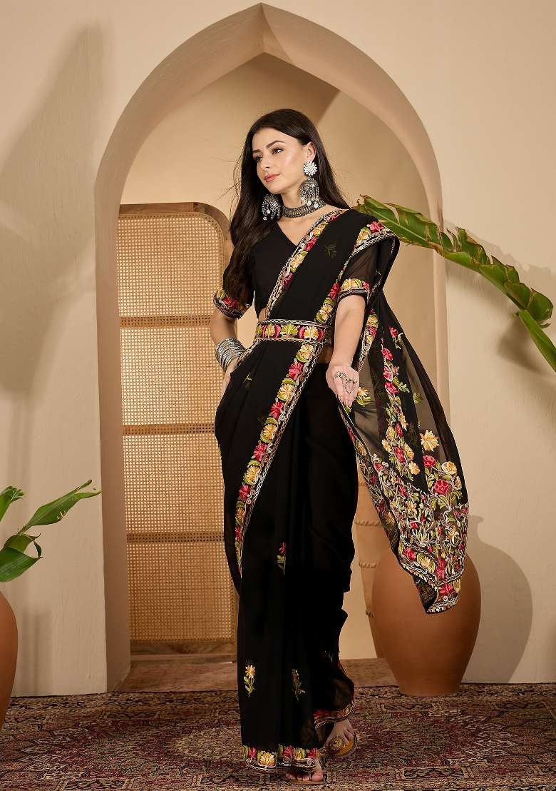 Black Georgette Saree Set with Embroidered for Diwali | Wedding & Festive Wear - Indya