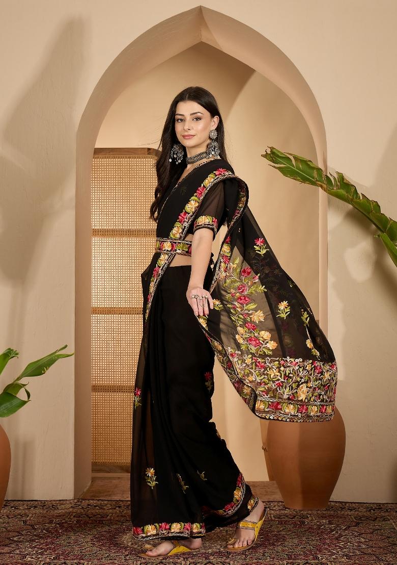 Black Embroidered Georgette Saree Set - Indya