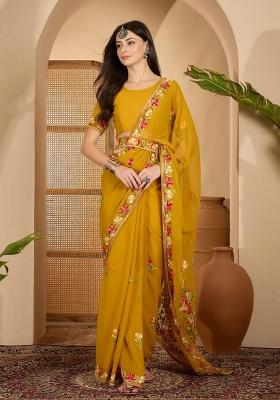 Mustard Embroidered Georgette Saree Set