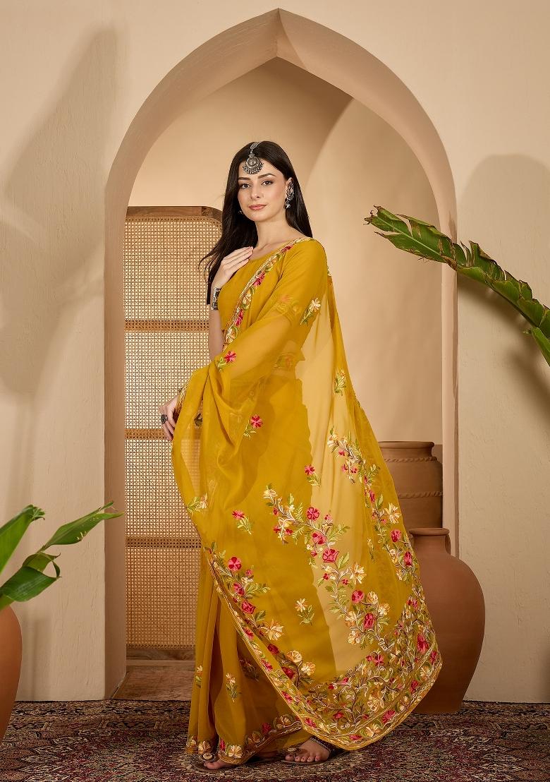 Mustard Embroidered Georgette Saree Set - Indya