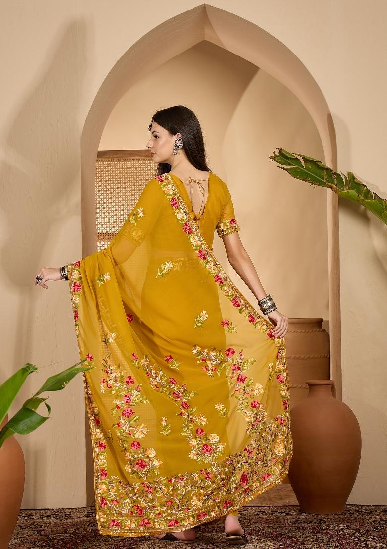 Mustard Embroidered Georgette Saree Set - Indya