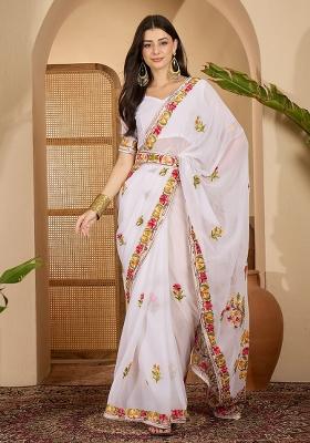 White Embroidered Georgette Saree Set