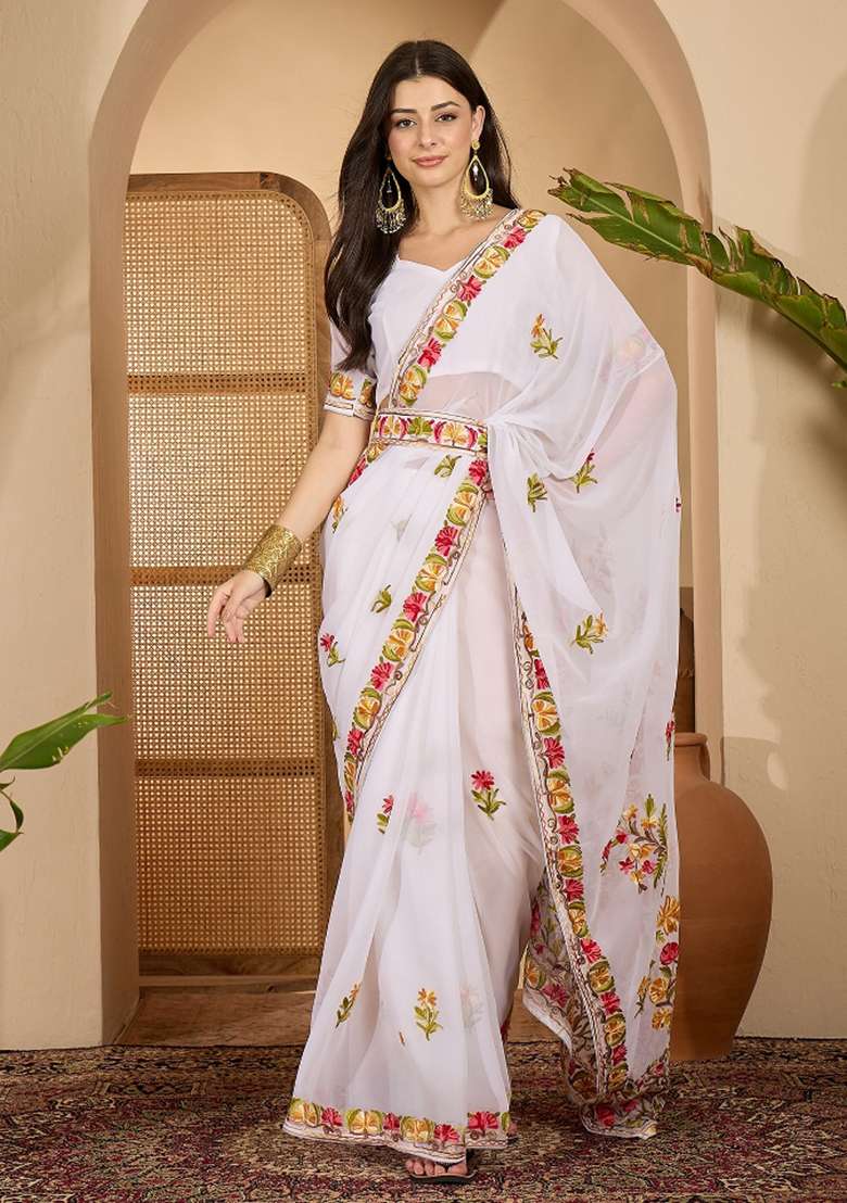 White Embroidered Georgette Saree Set for Diwali and Festive Wear - Indya