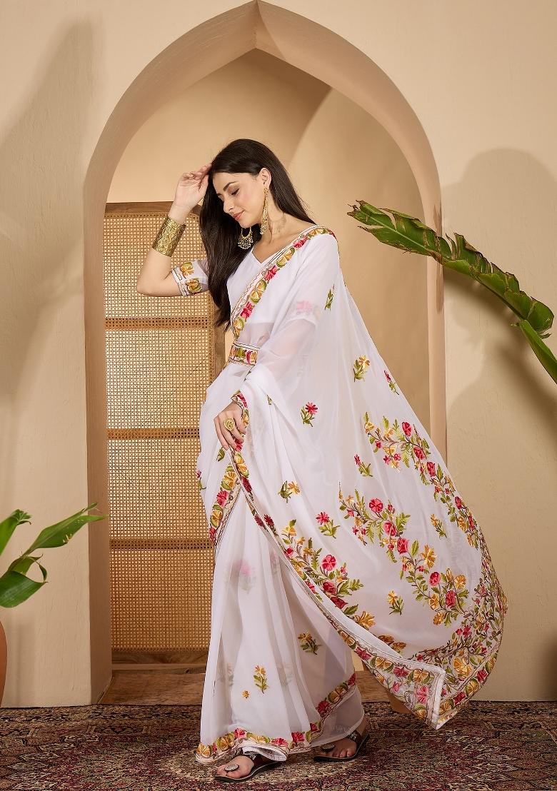 White Embroidered Georgette Saree Set - Indya