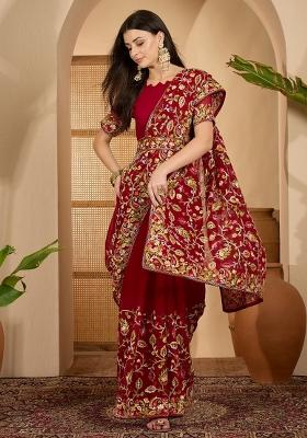 Maroon Embroidered Georgette Saree Set