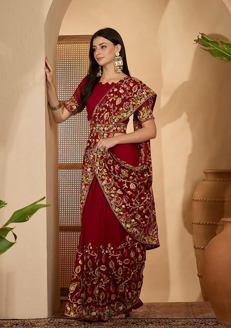 Maroon Embroidered Georgette Saree Set - Indya