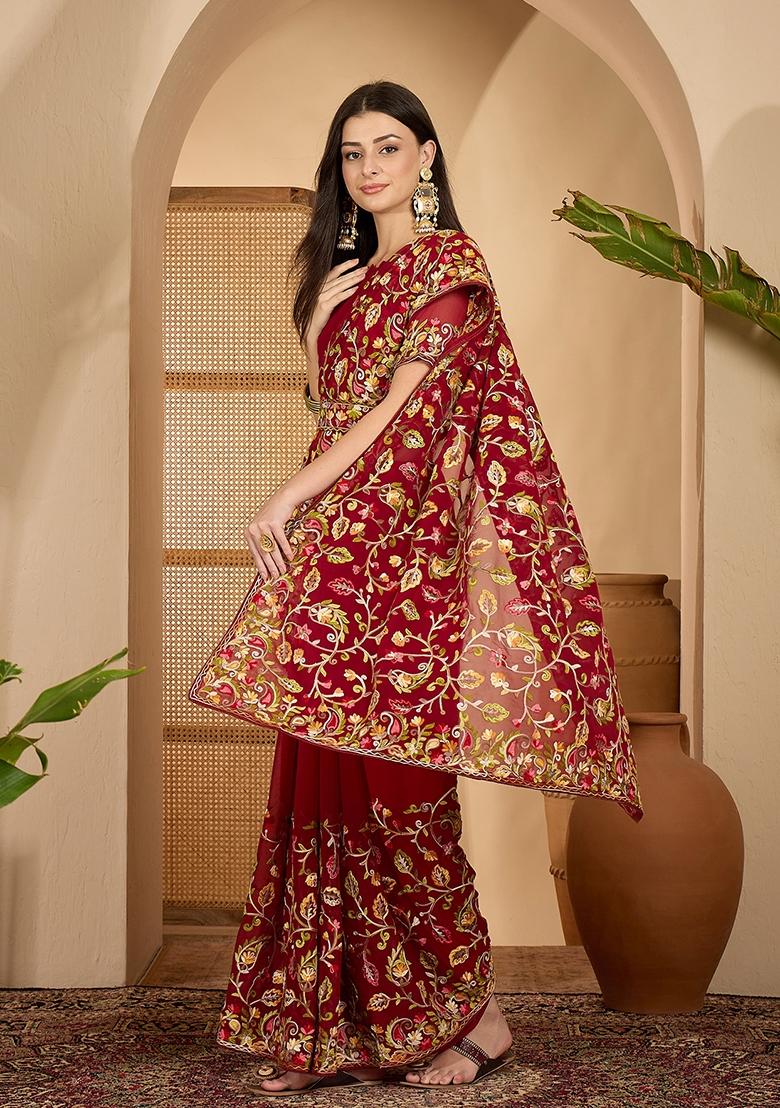 Maroon Embroidered Georgette Saree Set - Indya