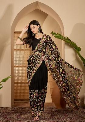 Black Embroidered Georgette Saree Set
