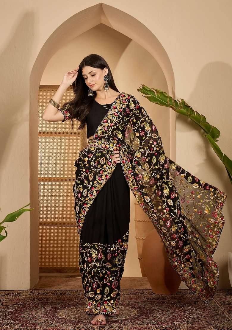 Black Embroidered Georgette Saree Set for Diwali and Festive Wear - Indya