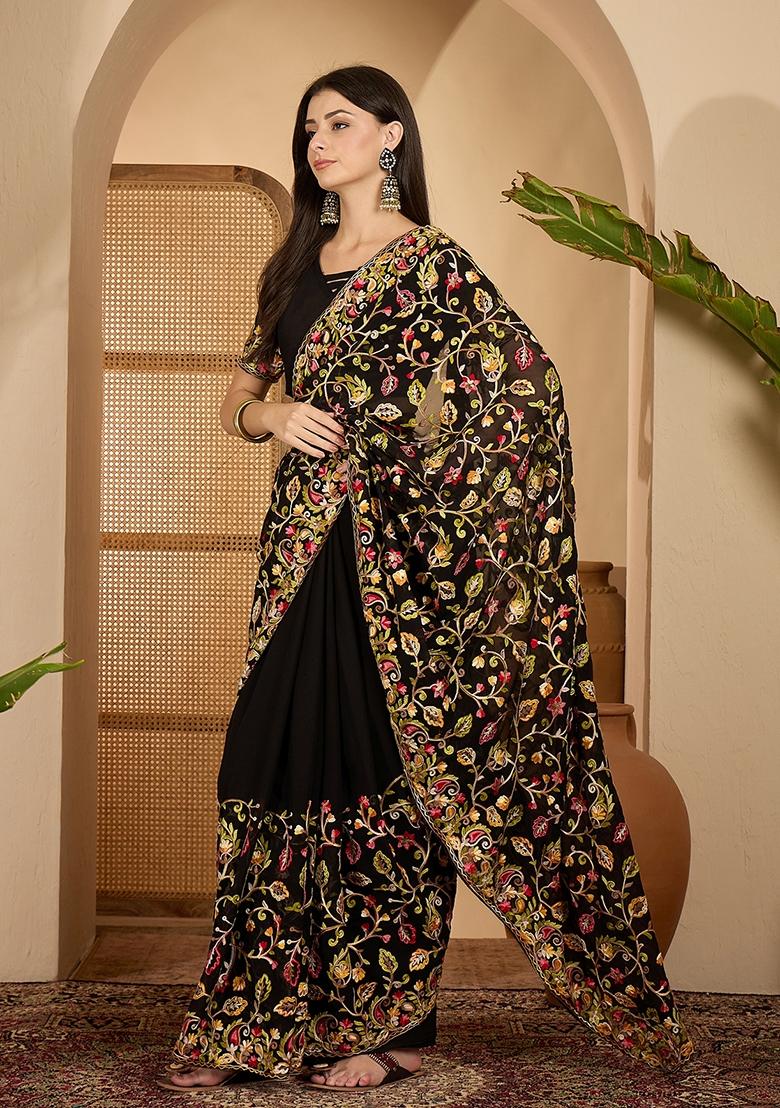 Black Embroidered Georgette Saree Set - Indya