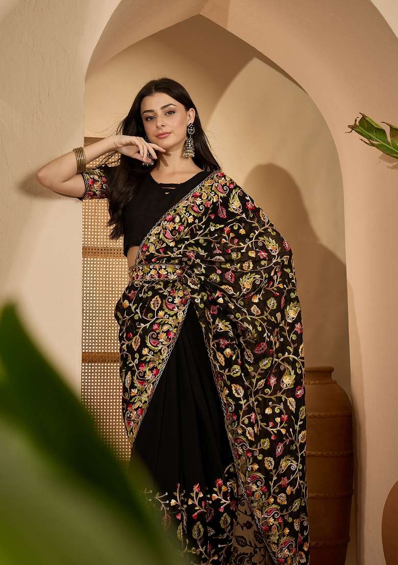 Black Embroidered Georgette Saree Set for Diwali and Festive Wear - Indya