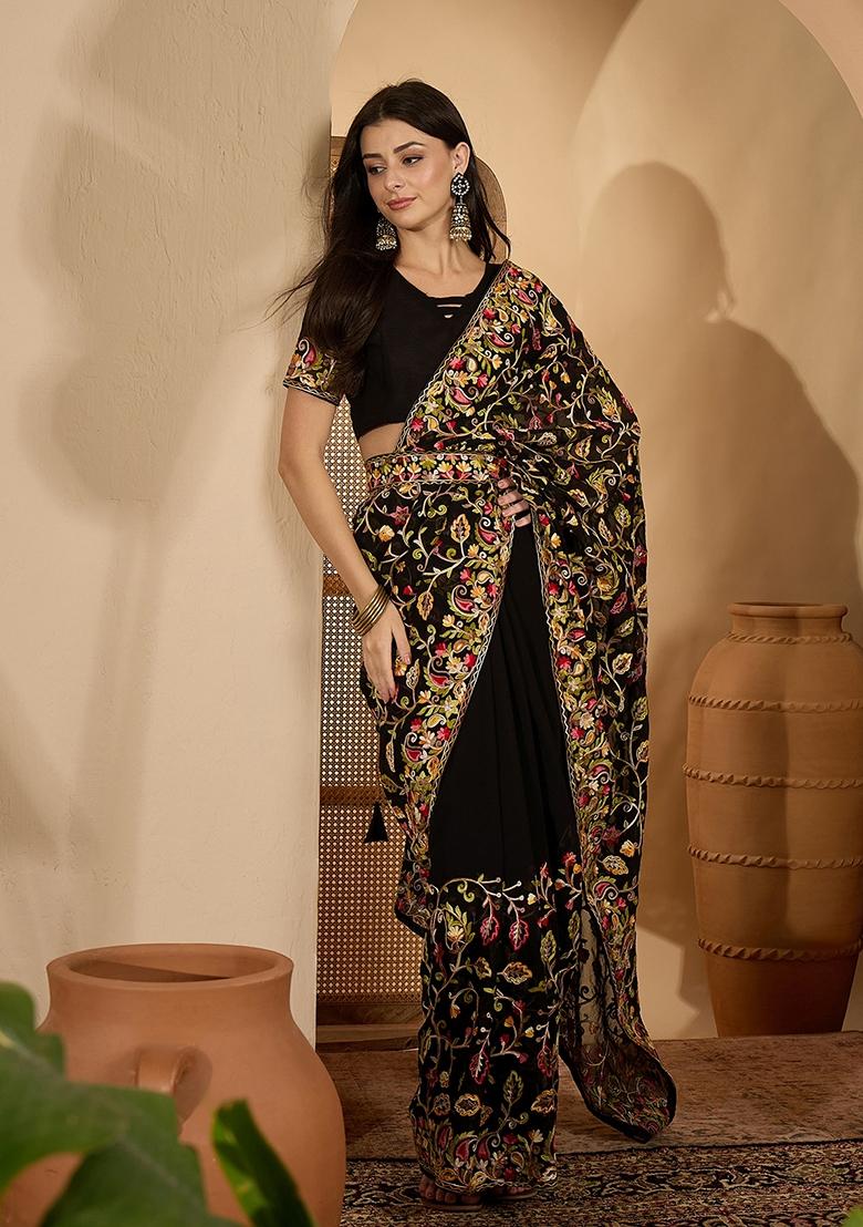Black Embroidered Georgette Saree Set - Indya