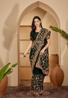 Dark Green Embroidered Georgette Saree Set