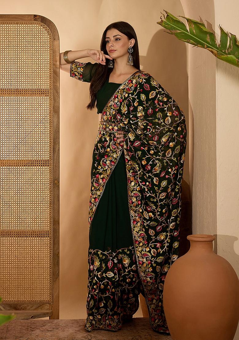 Dark Green Embroidered Georgette Saree Set - Indya