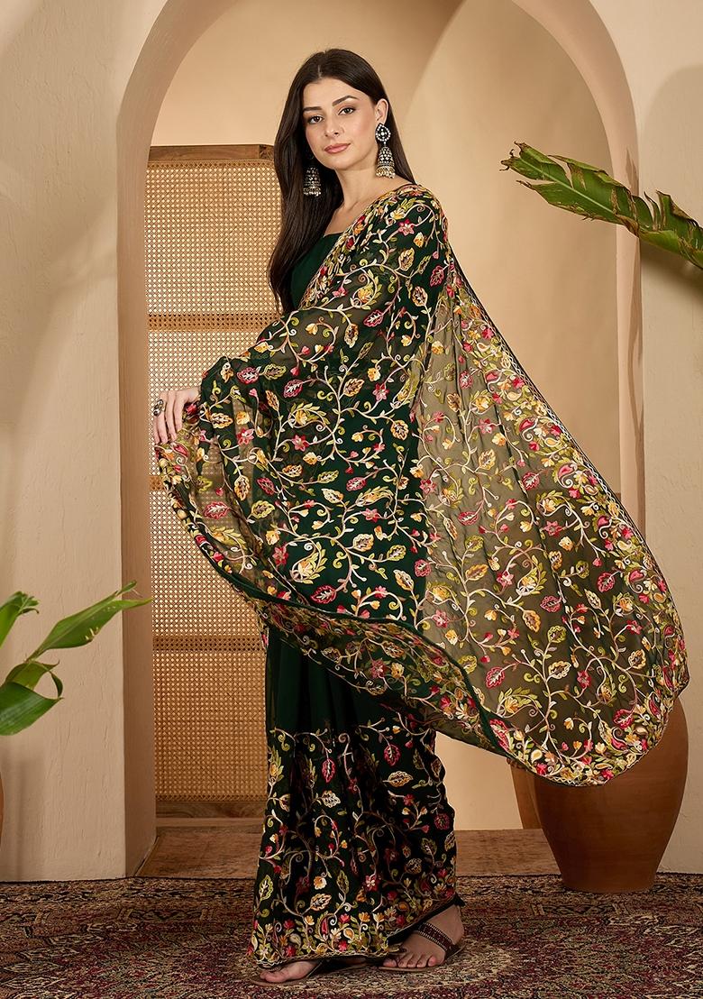 Dark Green Embroidered Georgette Saree Set - Indya
