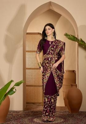Wine Embroidered Georgette Saree Set